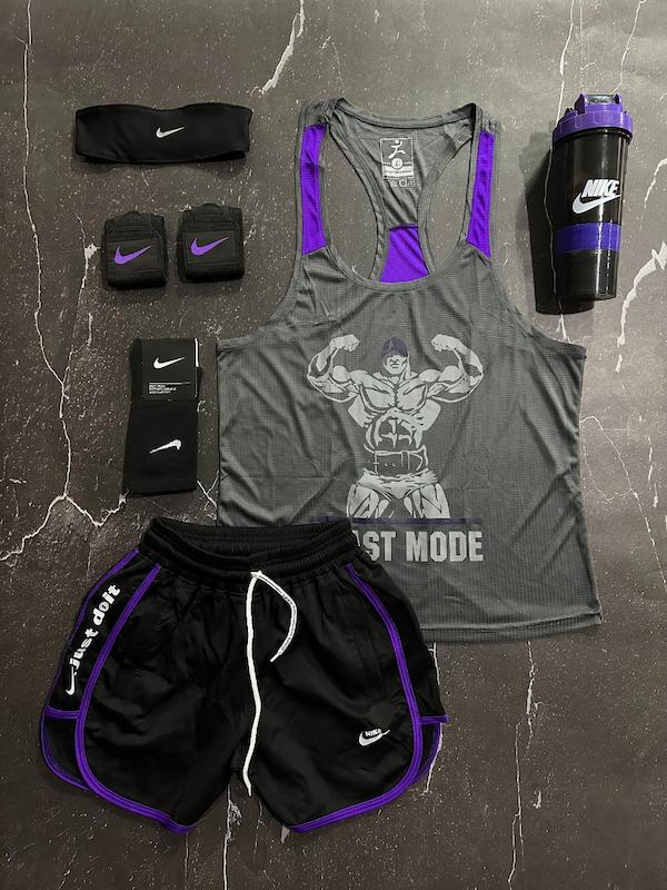 پکیج کد E1843 شامل رکابی قهرمانی + شلوارک آیرو + جوراب ساقدار + شیکر دو تیکه + مچ بند چسب نانو + هدبند با تم بنفش 💜