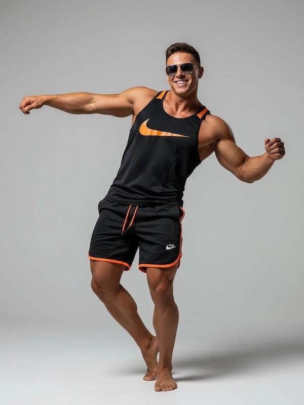 پکیج کد E1844 شامل رکابی قهرمانی + شلوارک غواصی با تم مشکی نارنجی 🧡🖤