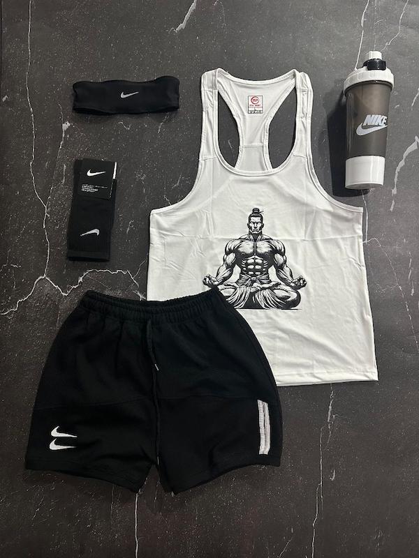 پکیج کد E1846 شامل رکابی قهرمانی + شلوارک دیور + جوراب ساقدار + شیکر دو تیکه + هدبند با تم سفید مشکی 🖤🤍