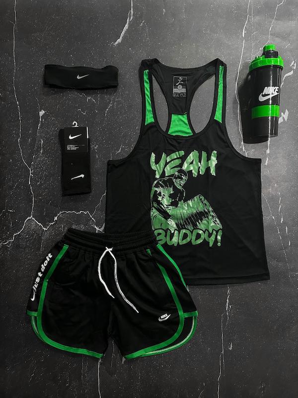 پکیج کد E1848 شامل رکابی قهرمانی + شلوارک غواصی + جوراب ساقدار + شیکر دو تیکه + هدبند با تم مشکی سبز 💚🖤