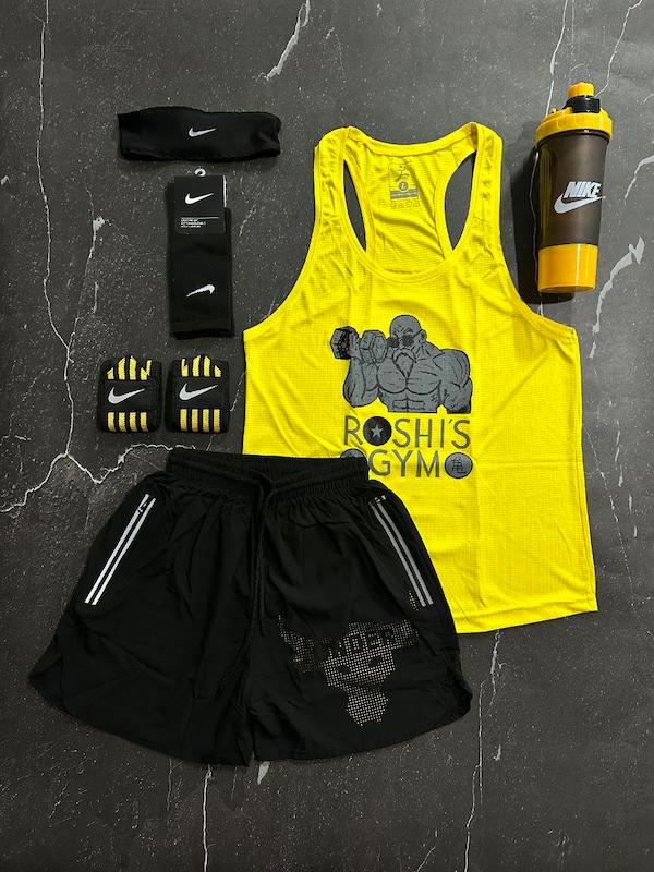 پکیج کد E1849 شامل رکابی قهرمانی + شلوارک آیرو + جوراب ساقدار + شیکر دو تیکه + مچ بند چسب نانو + هدبند با تم زرد مشکی 💛🖤