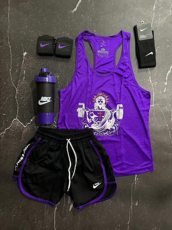 پکیج کد E1851 شامل رکابی قهرمانی + شلوارک غواصی + جوراب ساقدار + شیکر دو تیکه + مچ بند چسب نانو با تم بنفش و مشکی 💜🖤