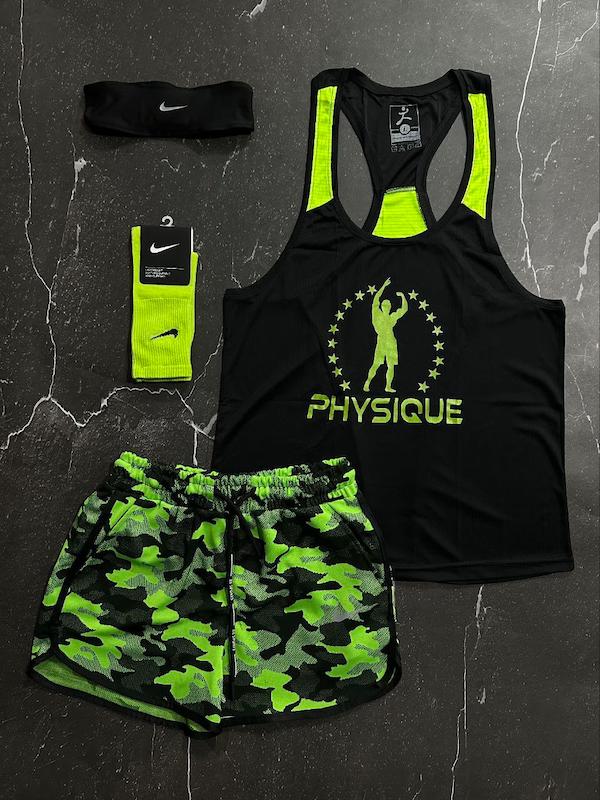 پکیج کد E1852 شامل رکابی قهرمانی + شلوارک چریکی + جوراب ساقدار + هدبند با تم مشکی فسفری 🖤💚