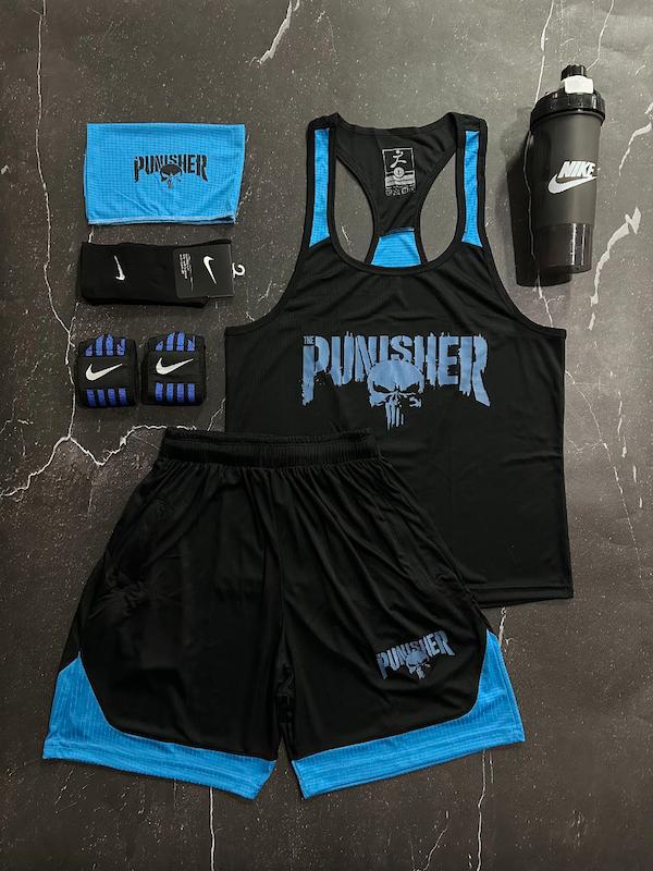 پکیج کد E1855 شامل رکابی قهرمانی + شلوارک + اسکارف + شیکر دوتیکه + مچ بند چسب نانو + جوراب ساقدار با تم مشکی آبی 💙