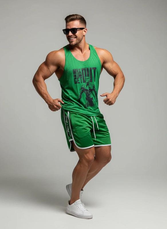 پکیج کد S2900 شامل رکابی پشتکش + شلوارک با تم سبز