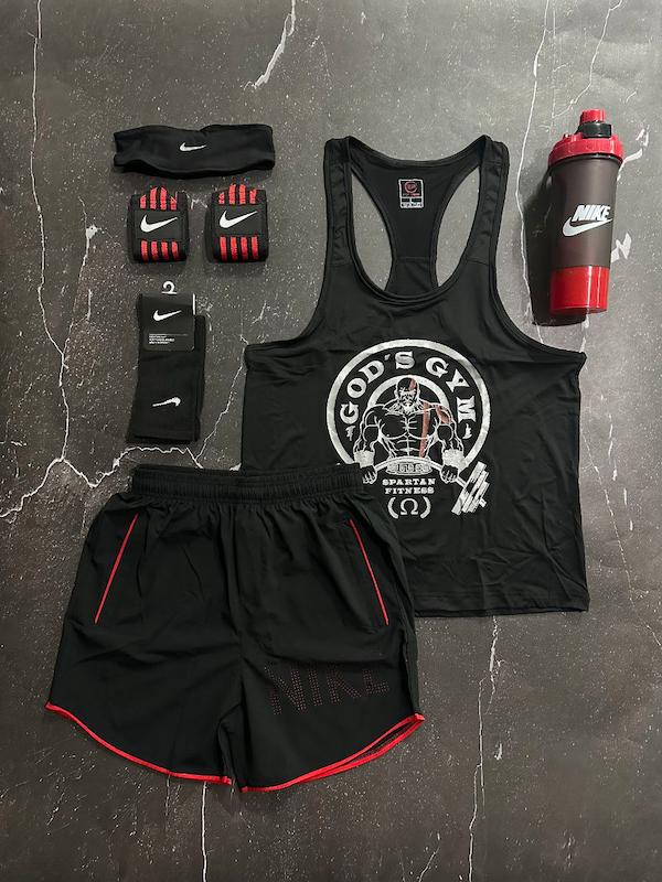 پکیج کد E1857 شامل رکابی قهرمانی + شلوارک چاپ لیزری + جوراب ساقدار + شیکر دو تیکه + مچ بند چسب نانو + هدبند با تم مشکی قرمز ❤️🖤