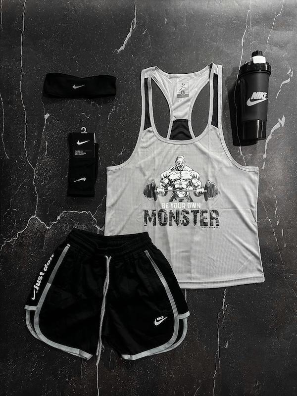 پکیج کد E1859 شامل رکابی قهرمانی + شلوارک غواصی + جوراب ساقدار + شیکر دو تیکه + هدبند با تم طوسی مشکی 🖤🔥