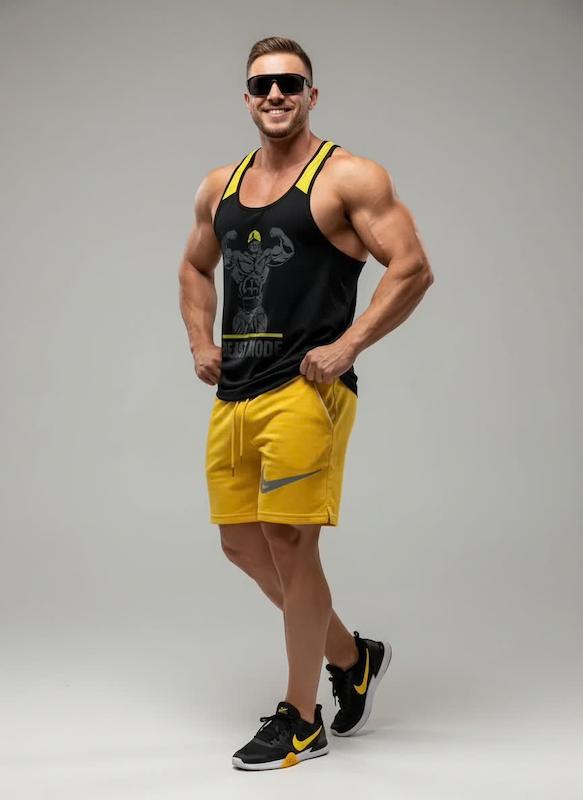 پکیج کد S3039 شامل رکابی قهرمانی + شلوارک با تم مشکی زرد