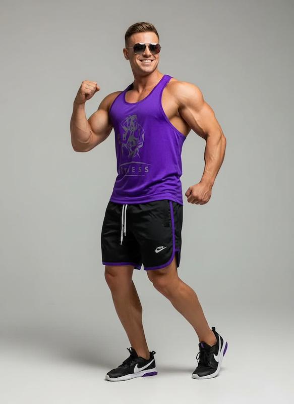 پکیج کد S3040 شامل رکابی قهرمانی + شلوارک با تم بنفش مشکی