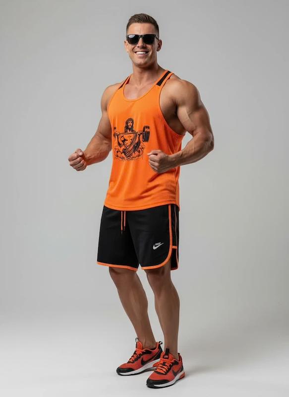 پکیج کد S3041 شامل رکابی قهرمانی + شلوارک با تم نارنجی مشکی