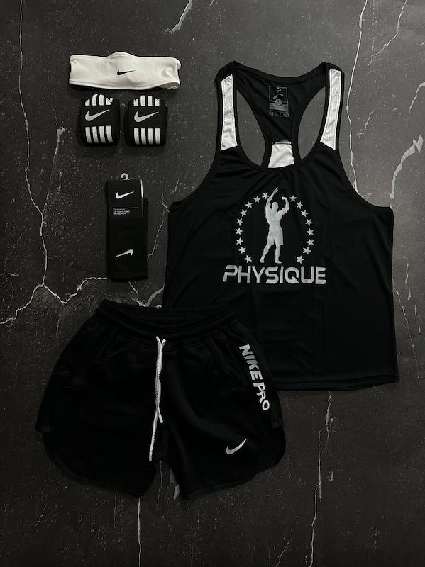 پکیج کد E1910 شامل رکابی قهرمانی + شلوارک + جوراب ساقدار + مچ بند چسب نانو + هدبند با تم مشکی سفید 🔥😍