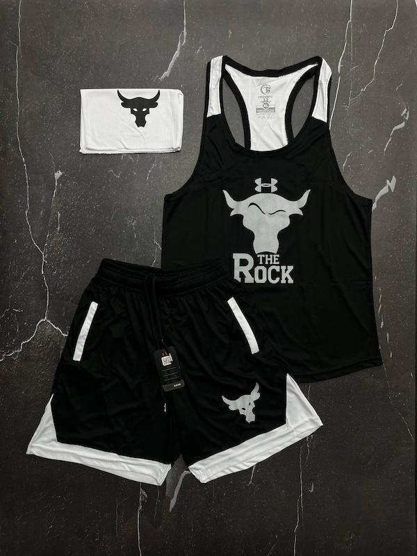 ست رکابی + شلوارک + اسکارف طرح راک با رنگ مشکی سفید حراجی -XL