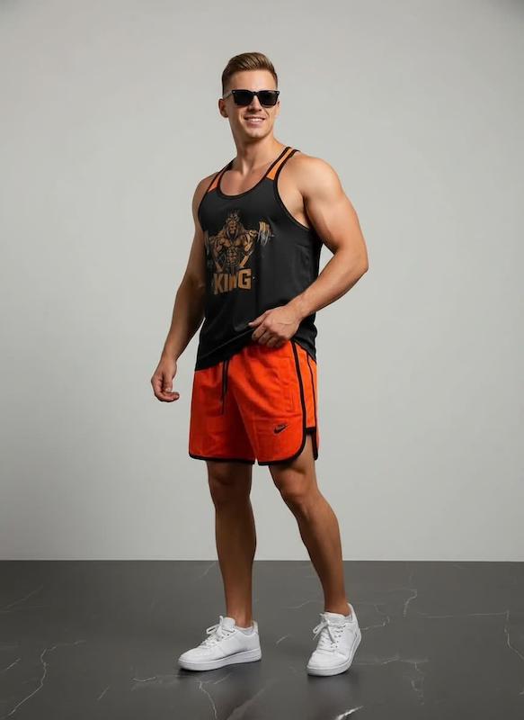 پکیج کد S3061 شامل رکابی قهرمانی + شلوارک با تم مشکی نارنجی