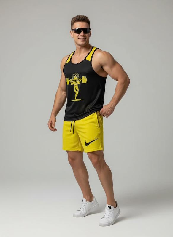 پکیج کد S3063 شامل رکابی قهرمانی + شلوارک با تم مشکی زرد