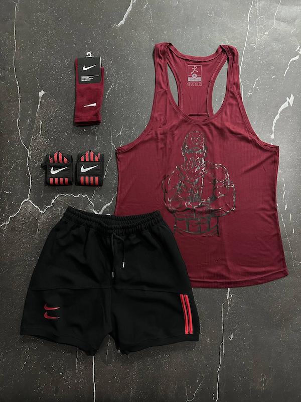 پکیج کد E1920 شامل رکابی قهرمانی + شلوارک + جوراب ساقدار + مچ بند چسب نانو  با تم سفید مشکی زرشکی🔥🖤