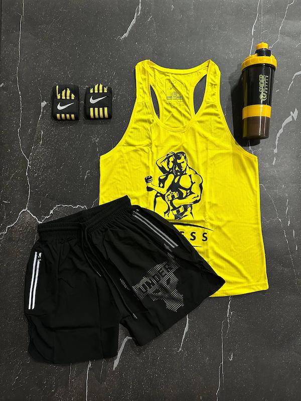 پکیج کد E1921 شامل رکابی قهرمانی + شلوارک + شیکر سه تیکه + مچ بند چسب نانو  با تم زرد مشکی💛🖤