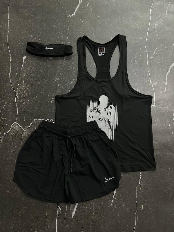 پکیج کد E1922 شامل رکابی قهرمانی + شلوارک + هدبند با تم مشکی 🔥😎