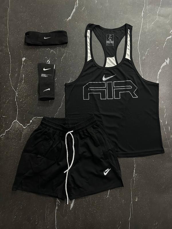 پکیج کد E1924 شامل رکابی قهرمانی + شلوارک + جوراب ساقدار + هدبند با تم مشکی 🖤😎