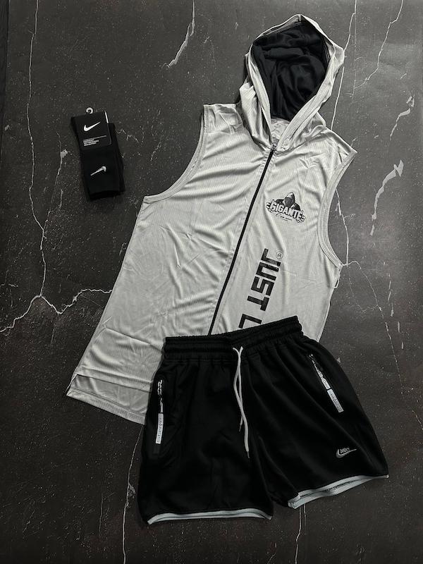 پکیج کد E1935 شامل رکابی کلاهدار + شلوارک + جوراب ساقدار با تم طوسی مشکی 👌🏻🔥