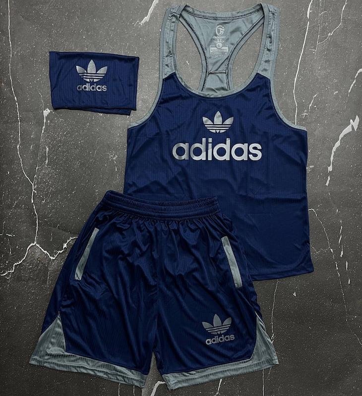 ست رکابی + شلوارک + اسکارف آدیداس با رنگ سرمه ای طوسی حراجی -L