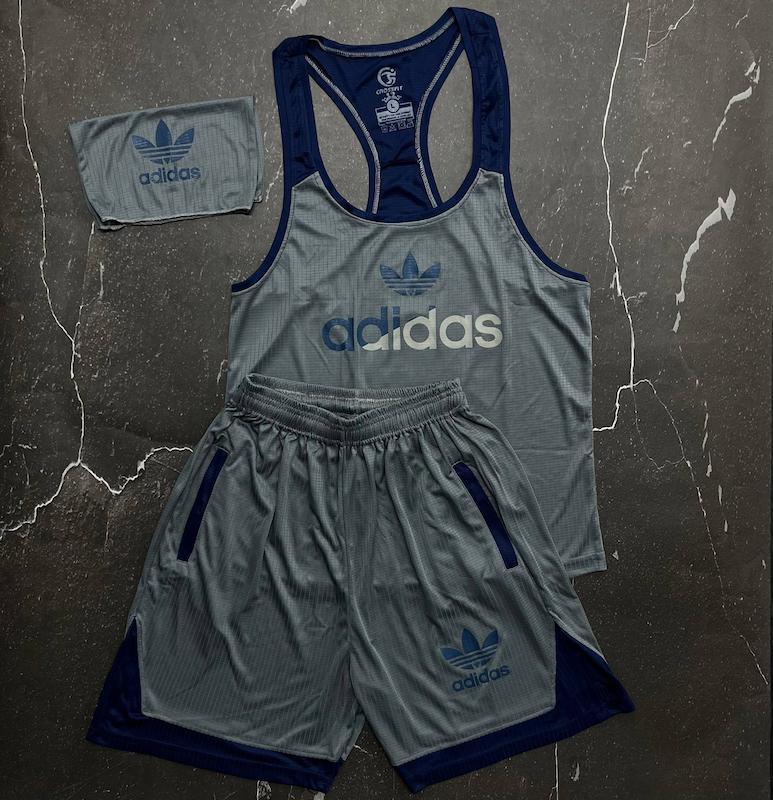 ست رکابی + شلوارک + اسکارف آدیداس با رنگ طوسی سرمه ای حراجی -L