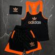 ست رکابی + شلوارک + اسکارف آدیداس با رنگ مشکی نارنجی حراجی -L