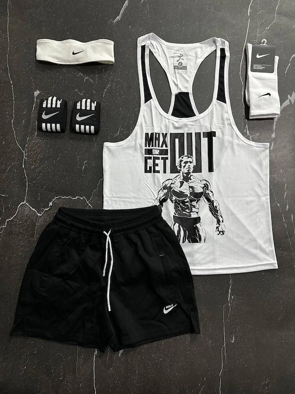 پکیج کد E1938 شامل رکابی قهرمانی + شلوارک + جوراب ساقدار + مچ بند چسب نانو + هدبند با تم سفید مشکی🤍 🖤