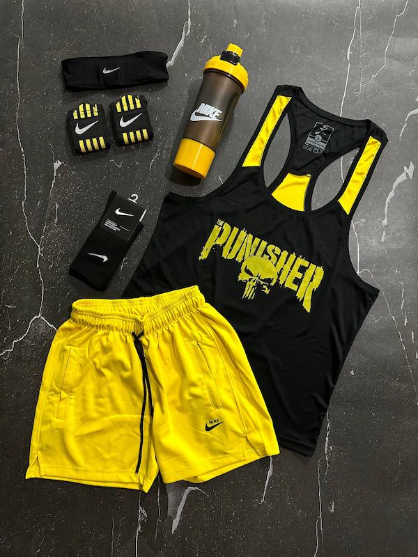 پکیج کد E1941 شامل رکابی قهرمانی + شلوارک + جوراب ساقدار + شیکر دو تیکه + مچ بند چسب نانو + هدبند با تم مشکی زرد 💛🖤