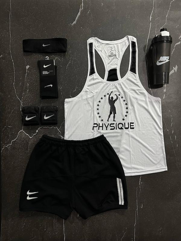 پکیج کد E1948 شامل رکابی قهرمانی + شلوارک + جوراب ساقدار + شیکر دو تیکه + مچ بند چسب نانو + هدبند با تم سفید مشکی 🔥🤍