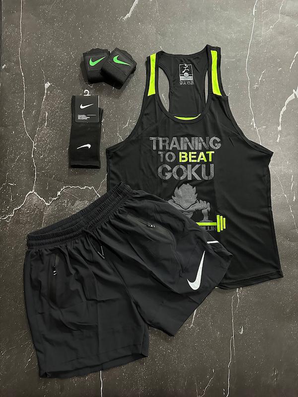 پکیج کد E1951 شامل رکابی قهرمانی + شلوارک + جوراب ساقدار + مچ بند چسب نانو  با تم مشکی فسفری 🔥💚