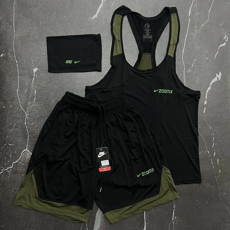 ست رکابی شلوارک و اسکارف نایکی با رنگ مشکی سبز حراجی -XL