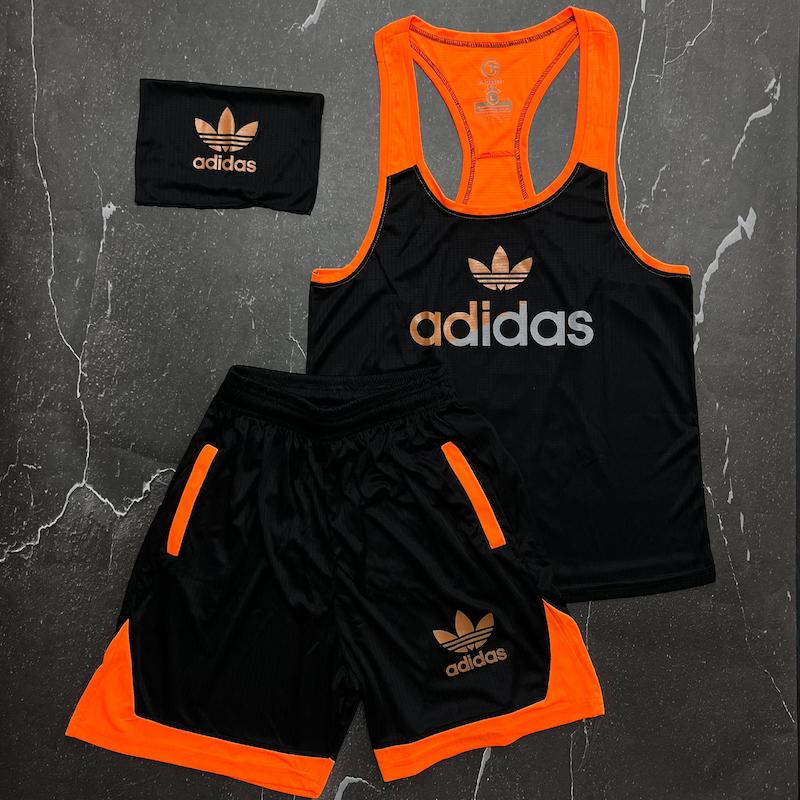 ست رکابی + شلوارک + اسکارف آدیداس با رنگ مشکی نارنجی حراجی -2XL