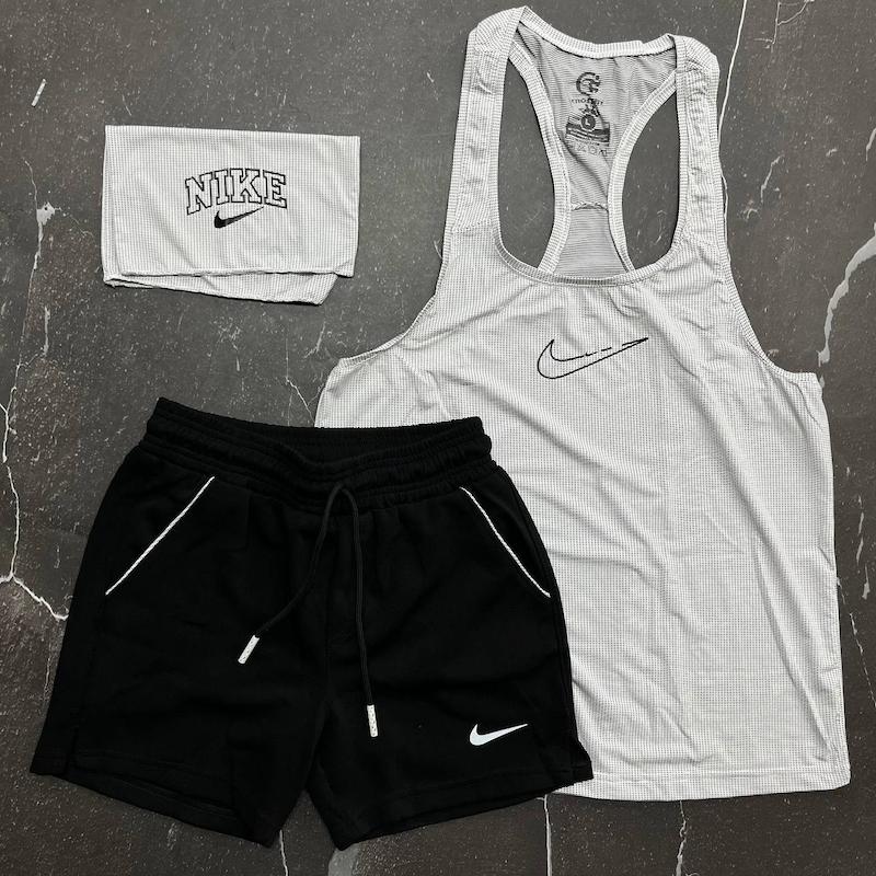 ست رکابی + شلوارک + اسکارف نایکی با رنگ سفید مشکی حراجی -L