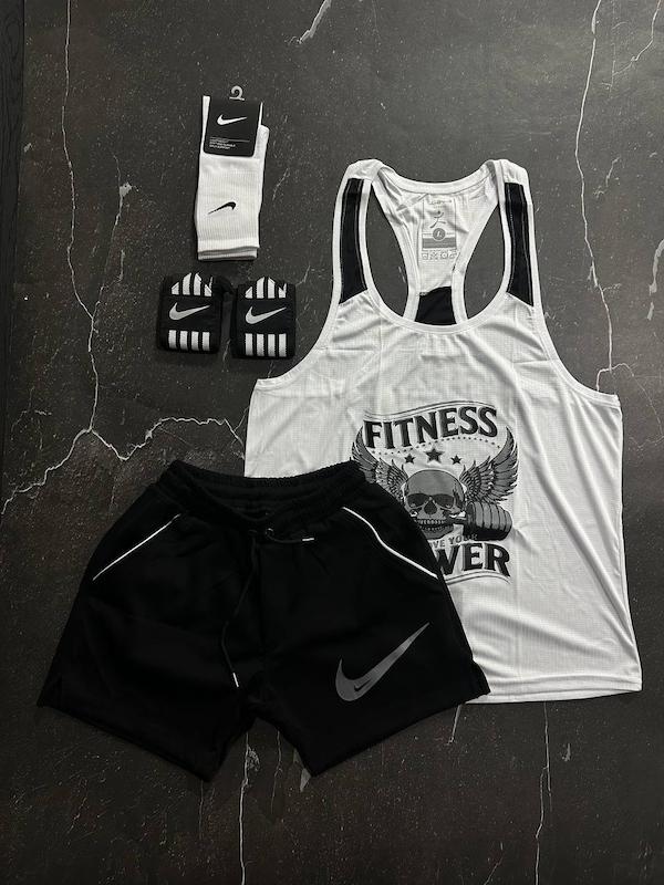 پکیج کد S3066 شامل رکابی قهرمانی + شلوارک + جوراب ساقدار + مچ بند چسب نانو با تم سفید مشکی