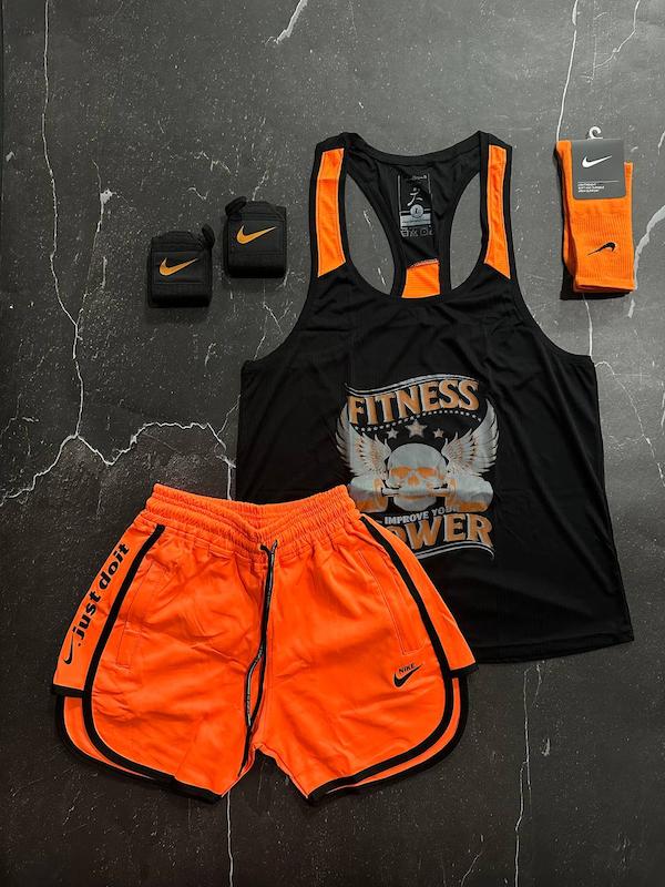 پکیج کد S3067 شامل رکابی قهرمانی + شلوارک + جوراب ساقدار + مچ بند چسب نانو با تم مشکی نارنجی