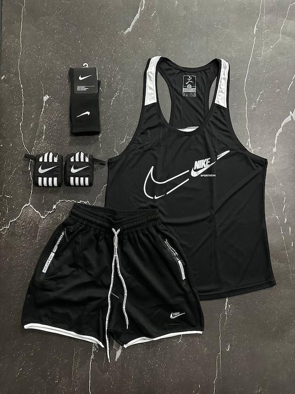 پکیج کد S3078 شامل رکابی قهرمانی + شلوارک + جوراب ساقدار + مچبند چسب نانو با تم مشکی سفید