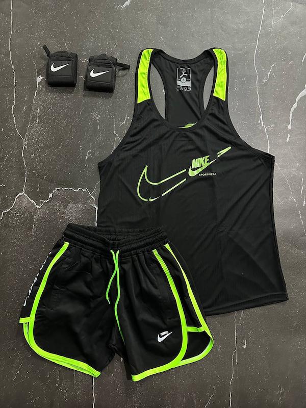 پکیج کد S3080 شامل رکابی قهرمانی + شلوارک + مچبند چسب نانو با تم مشکی فسفری