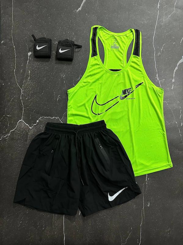 پکیج کد S3081 شامل رکابی قهرمانی + شلوارک + مچبند چسب نانو با تم فسفری مشکی