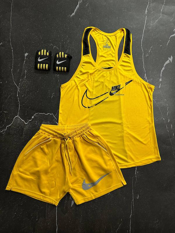 پکیج کد S3082 شامل رکابی قهرمانی + شلوارک + مچبند چسب نانو با تم زرد