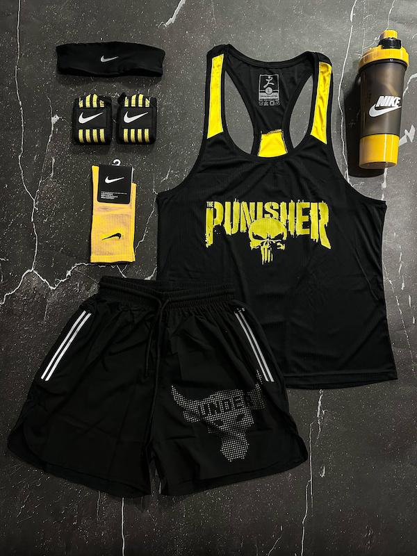 پکیج کد E1968 شامل رکابی قهرمانی + شلوارک + جوراب ساقدار + شیکر دو تیکه + مچ بند چسب نانو + هدبند با تم مشکی زرد 💛🖤