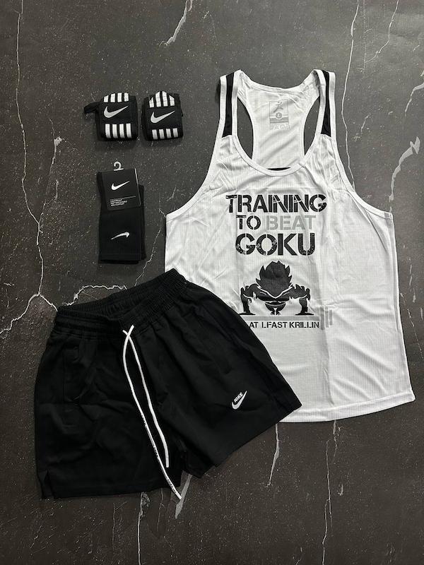 پکیج کد S3085 شامل رکابی قهرمانی + شلوارک + جوراب ساقدار + مچبند چسب نانو با تم سفید مشکی