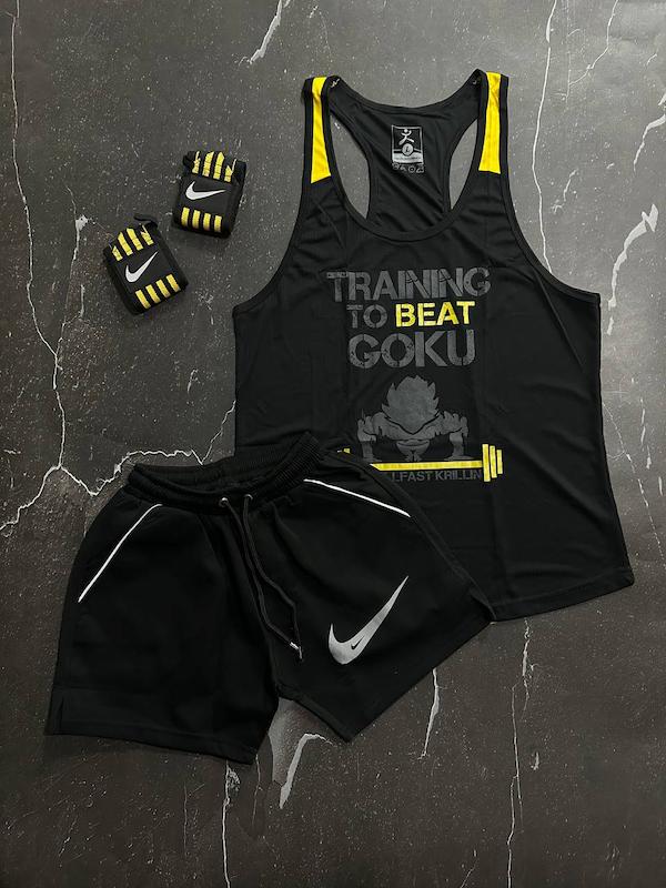 پکیج کد S3086 شامل رکابی قهرمانی + شلوارک + مچبند چسب نانو با تم مشکی زرد