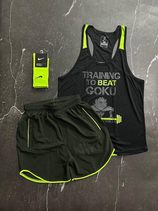 پکیج کد S3088 شامل رکابی قهرمانی + شلوارک + جوراب ساقدار با تم مشکی فسفری