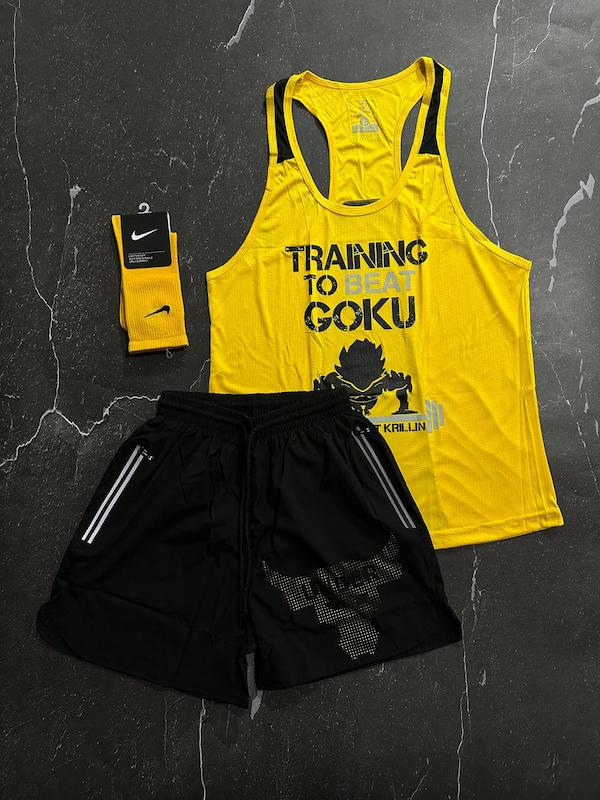 پکیج کد S3089 شامل رکابی قهرمانی + شلوارک + جوراب ساقدار با تم زرد مشکی