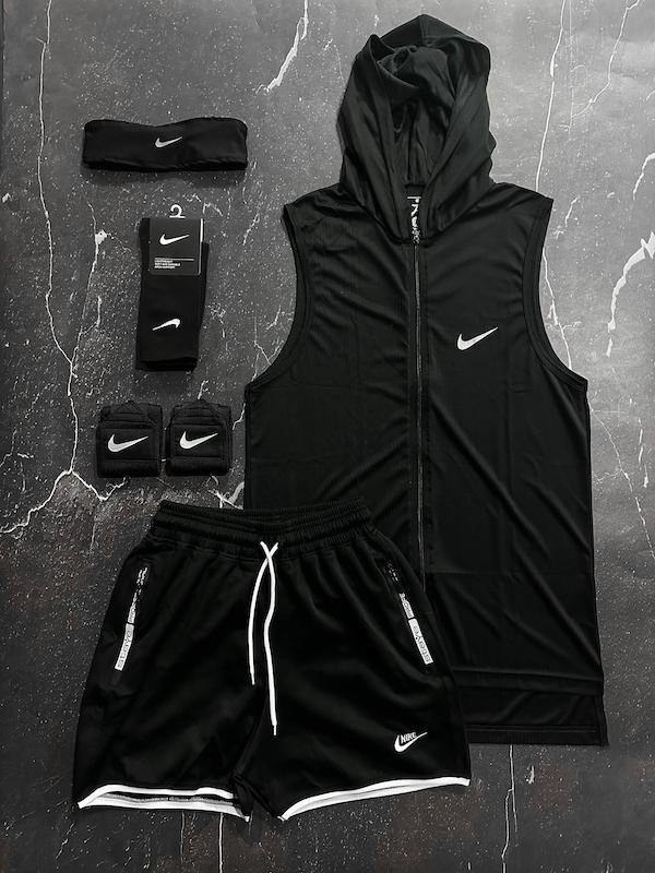 پکیج کد E1972 شامل رکابی کلاهدار + شلوارک + جوراب ساقدار + مچ بند چسب نانو + هدبند با تم مشکی 🖤🔥