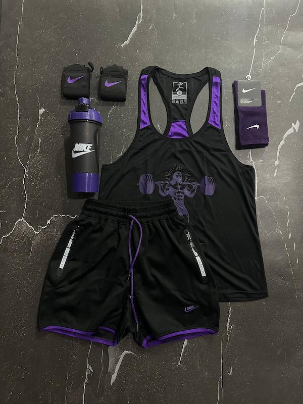 پکیج کد E1973 شامل رکابی قهرمانی + شلوارک + جوراب ساقدار + شیکر دو تیکه + مچ بند چسب نانو با تم مشکی بنفش 💜🖤