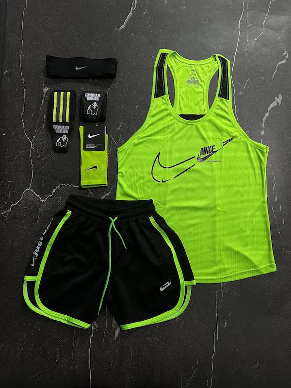 پکیج کد E1975 شامل رکابی قهرمانی + شلوارک + جوراب ساقدار + مچ بند وارداتی + هدبند با تم فسفری مشکی 💚🖤