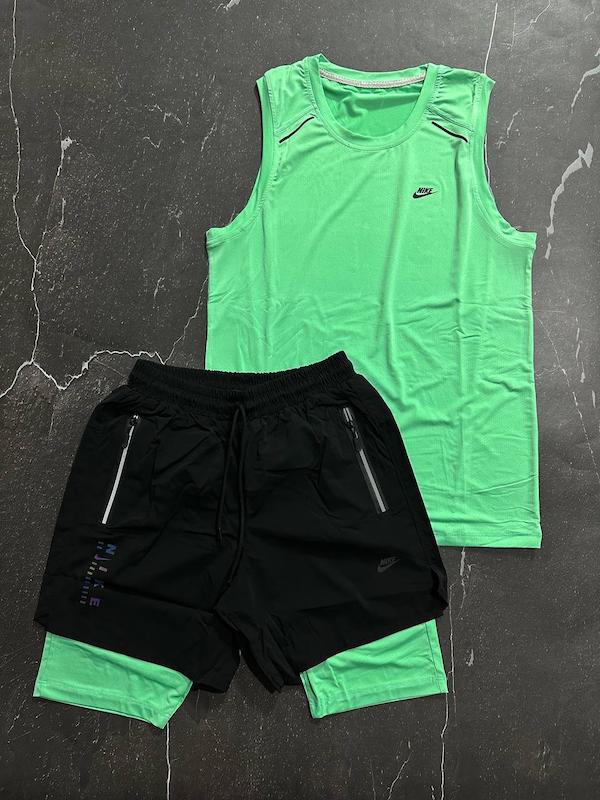 پکیج کد S3114 شامل رکابی حلقه ای + شلوارک کشاله دار با تم فسفری مشکی