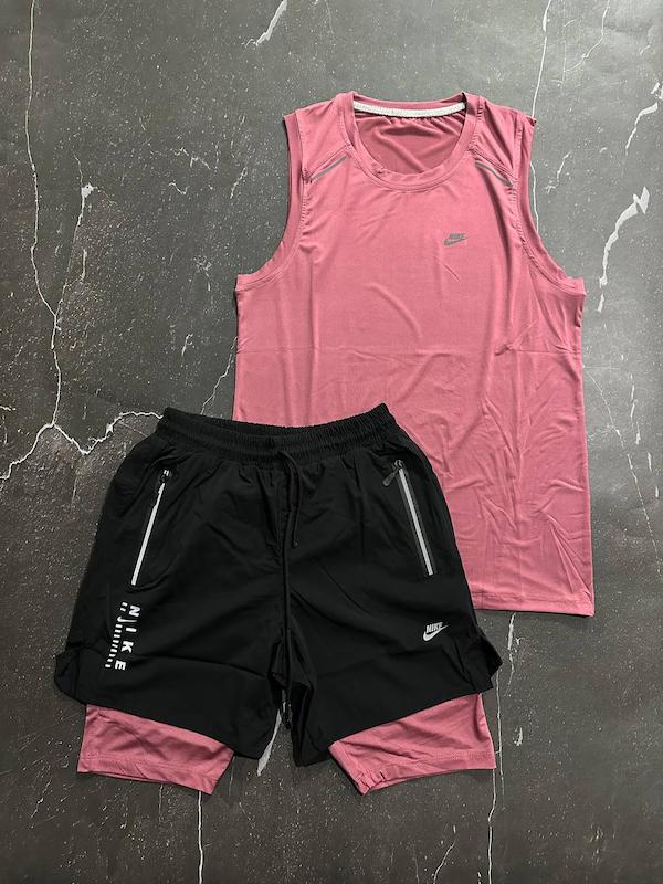 پکیج کد S3115 شامل رکابی حلقه ای + شلوارک کشاله دار با تم صورتی مشکی