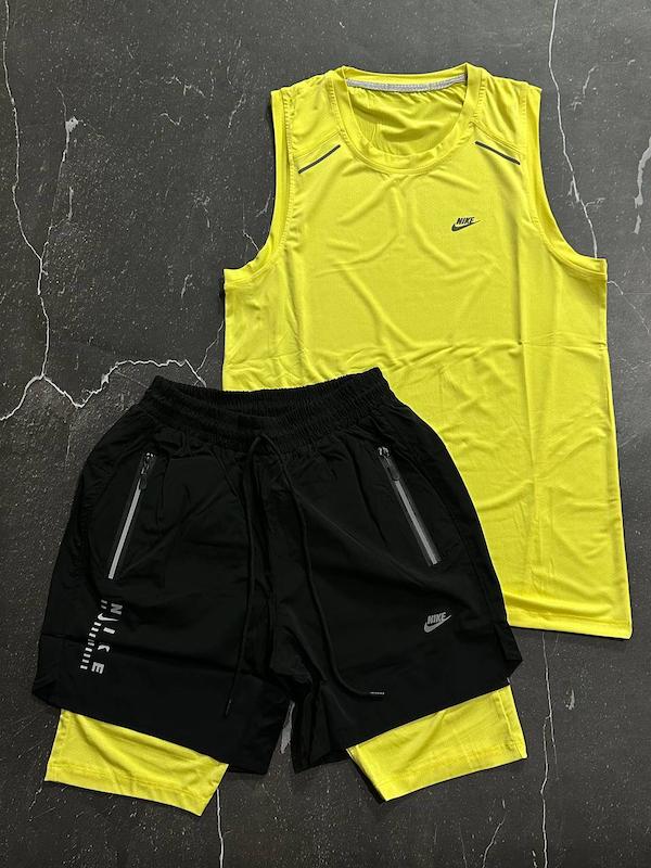 پکیج کد S3116 شامل رکابی حلقه ای + شلوارک کشاله دار با تم زرد مشکی